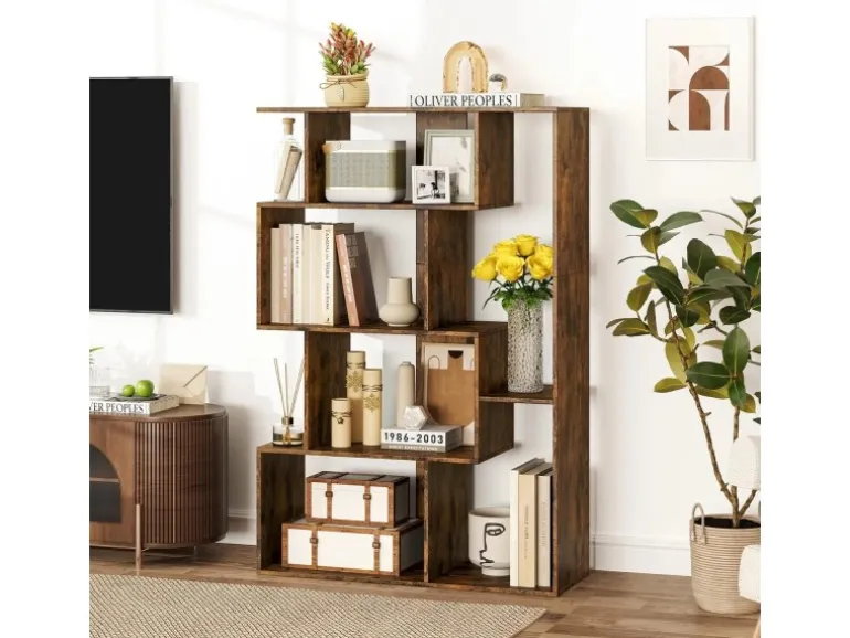 Costway Geometrische Holzregal Bücherregal mit Kippsicherungen Braun