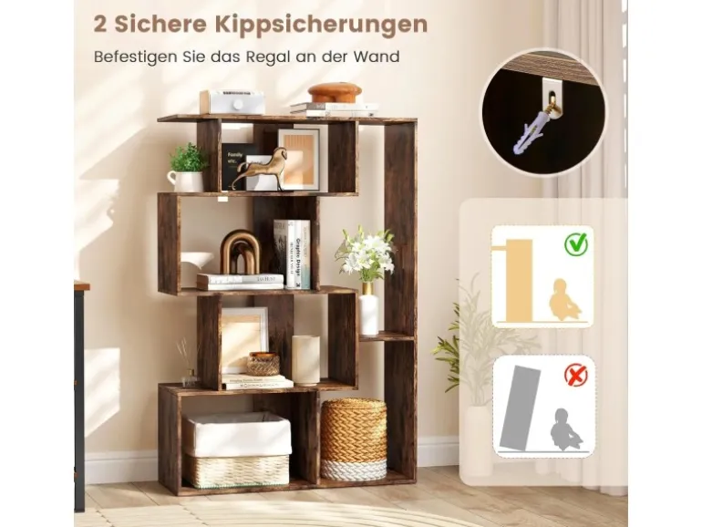 Costway Geometrische Holzregal Bücherregal mit Kippsicherungen Braun