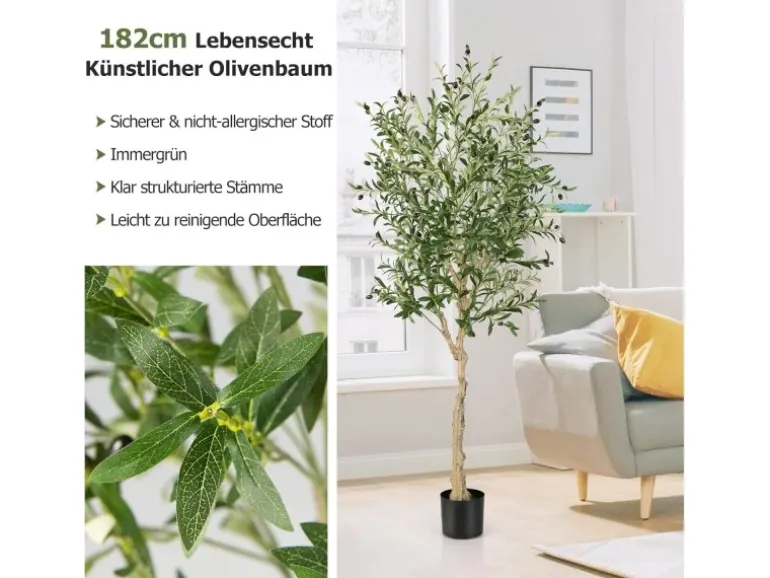 Costway Künstliche Olivenbaum mit Blättern & 72 Früchten Grün 180 cm