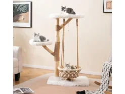 Costway Kratzbaum Holz mit Hängekorb Seil Echten Holzästen 123 cm Weiß