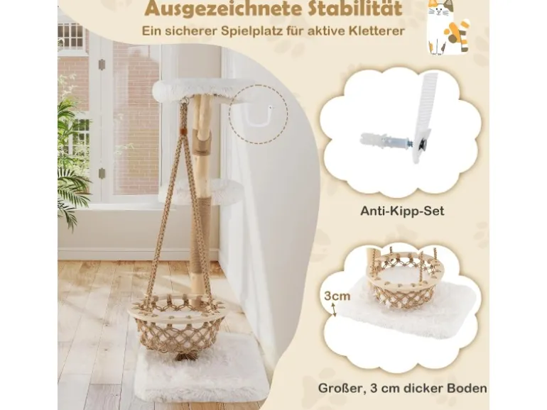 Costway Kratzbaum Holz mit Hängekorb Seil Echten Holzästen 123 cm Weiß