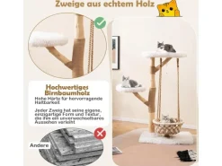Costway Kratzbaum Holz mit Hängekorb Seil Echten Holzästen 123 cm Weiß