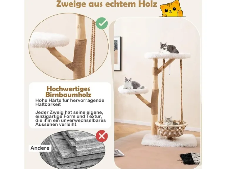 Costway Kratzbaum Holz mit Hängekorb Seil Echten Holzästen 123 cm Weiß