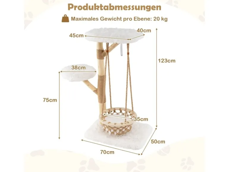 Costway Kratzbaum Holz mit Hängekorb Seil Echten Holzästen 123 cm Weiß