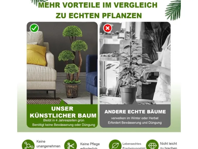Costway Kunstpflanze mit 4 Kugeln & Realistischem Stamm Grün 90 cm