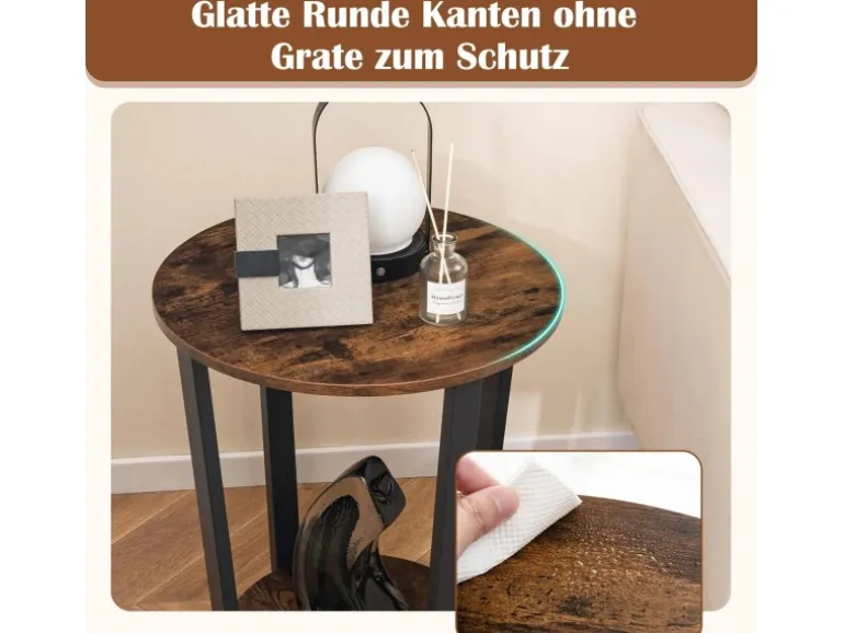 Costway Runder Beistelltisch Sofatisch mit Metallrahmen Braun