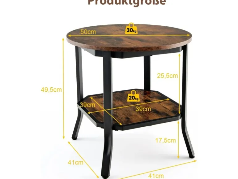 Costway Runder Beistelltisch Industriell Vintagebraun 50 x 50 x 49,5cm