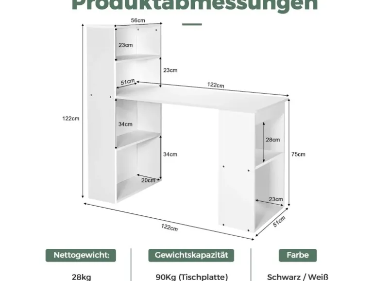 Costway Schreibtisch mit Bücherregal 122 x 56 x 122 cm Weiß