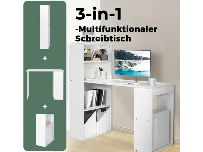Costway Schreibtisch mit Bücherregal 122 x 56 x 122 cm Weiß