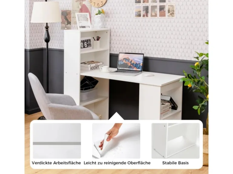 Costway Schreibtisch mit Bücherregal 122 x 56 x 122 cm Weiß