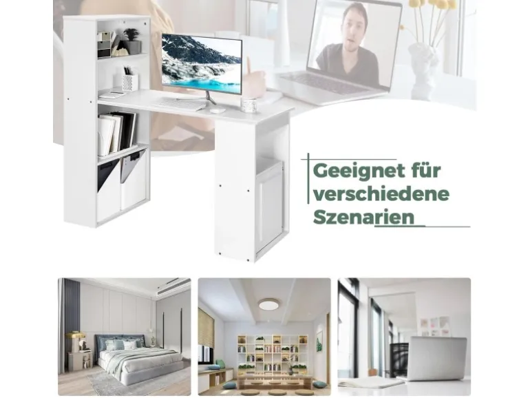 Costway Schreibtisch mit Bücherregal 122 x 56 x 122 cm Weiß