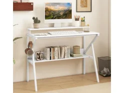 Costway Schreibtisch mit Monitorständer PC-Tisch mit Regal Weiß