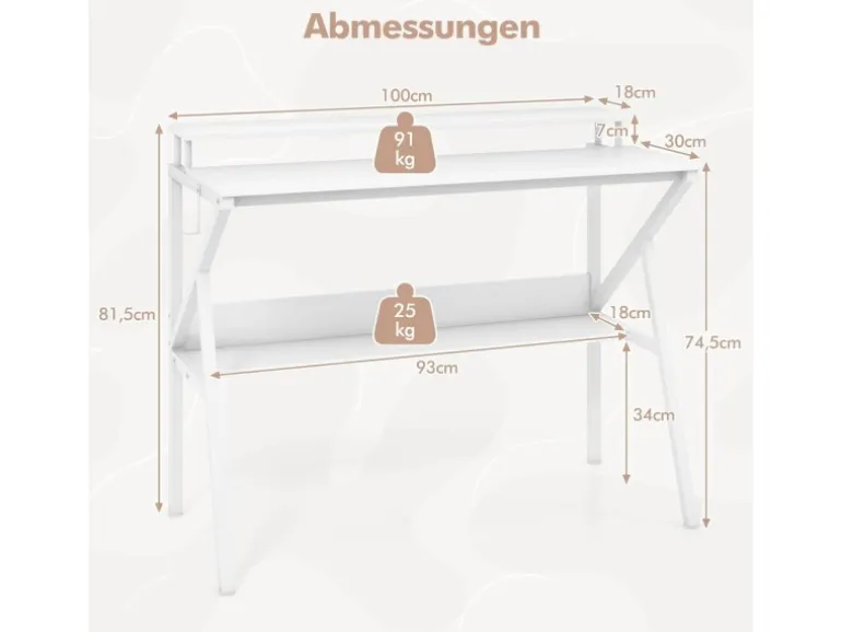 Costway Schreibtisch mit Monitorständer PC-Tisch mit Regal Weiß