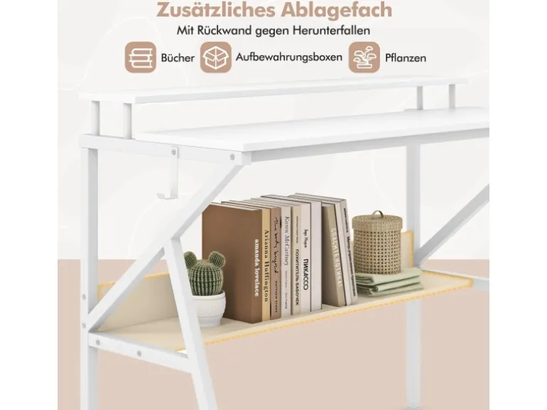 Costway Schreibtisch mit Monitorständer PC-Tisch mit Regal Weiß