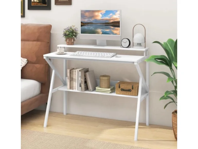 Costway Schreibtisch mit Monitorständer PC-Tisch mit Regal Weiß