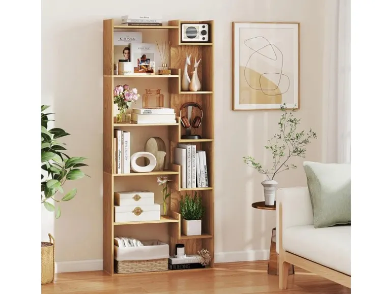 Costway 6-stöckiges Bücherregal Holzregal mit 2 Kippsicherungen Natur