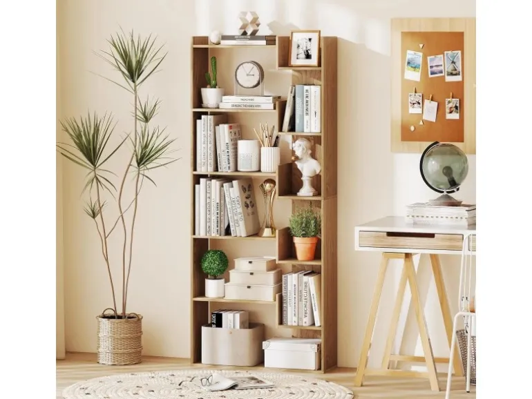 Costway 6-stöckiges Bücherregal Holzregal mit 2 Kippsicherungen Natur