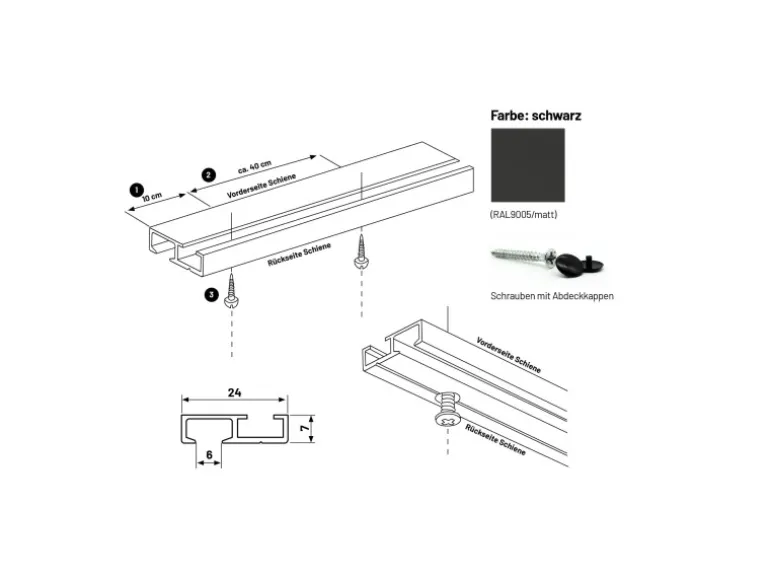 Deco-Raum Gardinenschiene nach Maß 1-Lauf Deckenmontage Minimal Schwarz 370cm