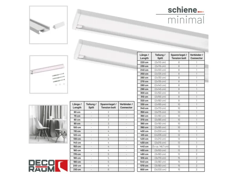 Deco-Raum Gardinenschiene nach Maß 1-Lauf Deckenmontage Minimal Weiß 410cm