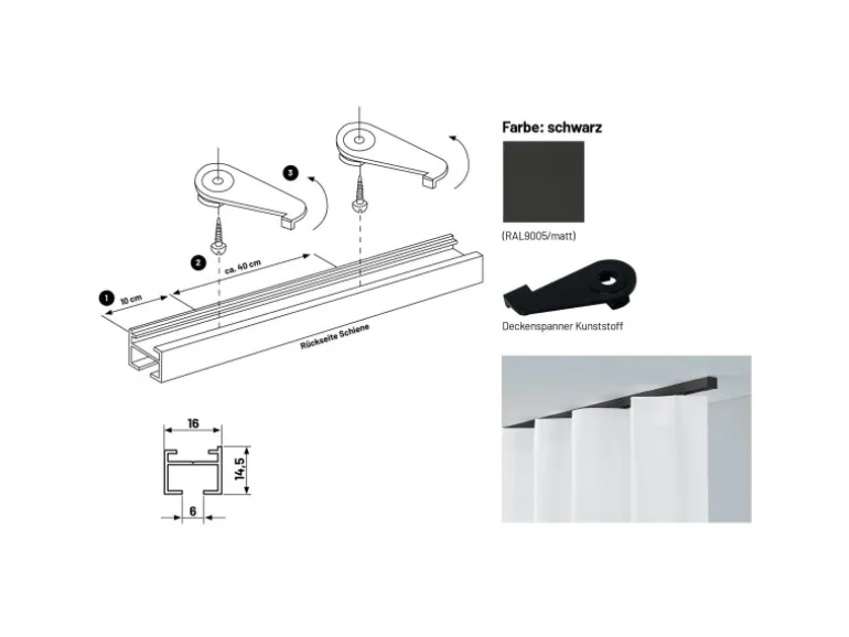 Deco-Raum Gardinenschiene nach Maß 1-Lauf Square Schwarz 310cm