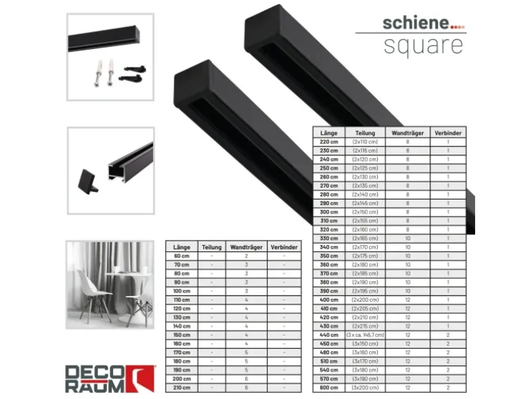 Deco-Raum Gardinenschiene nach Maß 1-Lauf Square Schwarz 310cm
