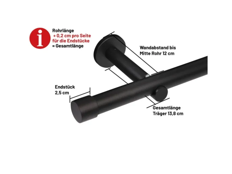 Deco-Raum Gardinenstange nach Maß 1-Lauf Kappe Ø 25mm Schwarz 190cm