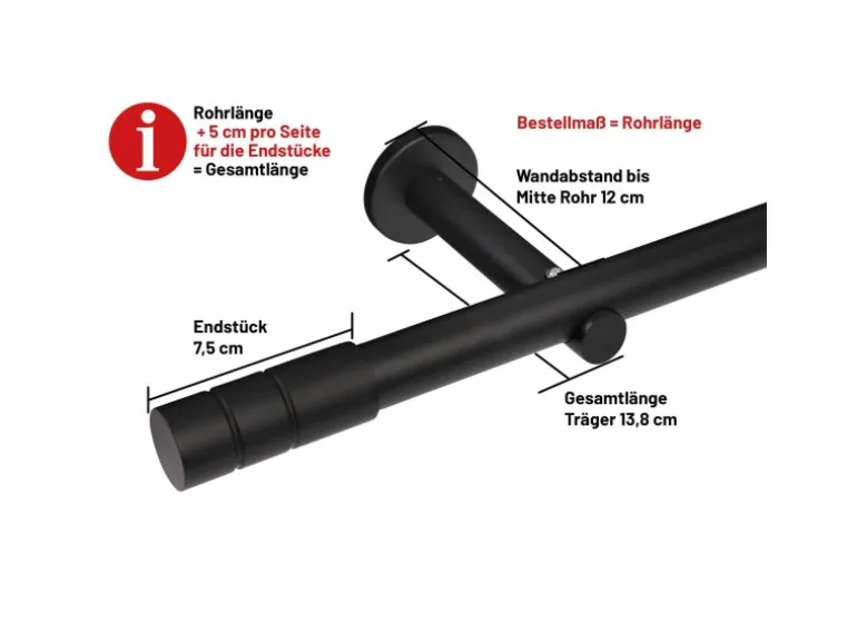 Deco-Raum Gardinenstange nach Maß 1-Lauf Zylinder Ø 25mm Schwarz 440cm