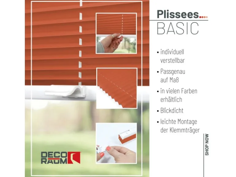 Deco-Raum Plissee Basic ohne Bohren 115x150cm Orange Blickdicht Klemmfix