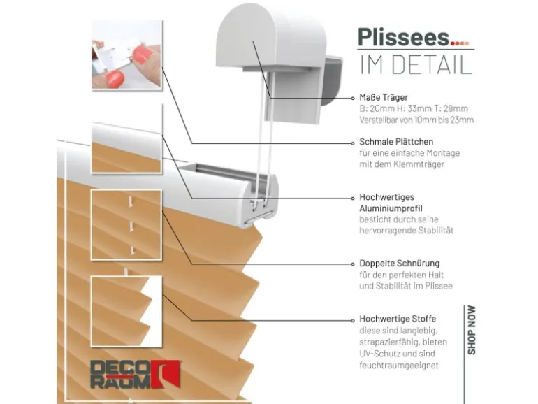 Deco-Raum Plissee Basic ohne Bohren 90x150cm Cappuccino Blickdicht Klemmfix