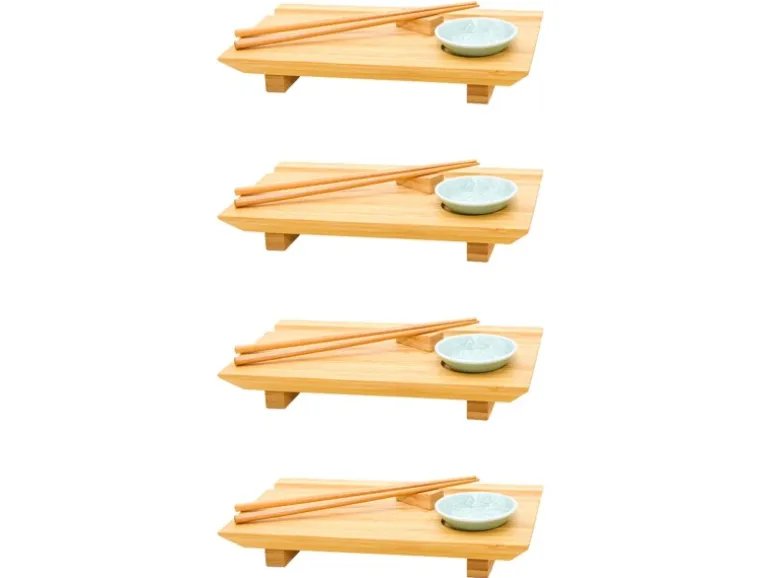 DuneDesign 4er Set Japanisches Sushi Brett 27 x 16 x 4 cm mit Schälchen