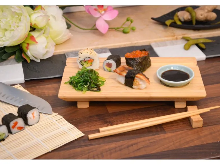 DuneDesign 4er Set Japanisches Sushi Brett 27 x 16 x 4 cm mit Schälchen