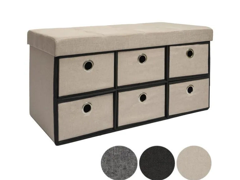 DuneDesign Sitzbank mit 80L Sitztruhe und 6 Schubladen 76 x 38 x 38 cm Beige