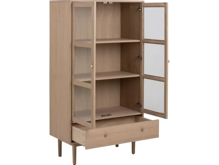 ebuy24 Aston Vitrinenschrank mit 2 Glastüren und 1 Schublade Weiß Geölt EichenDekor