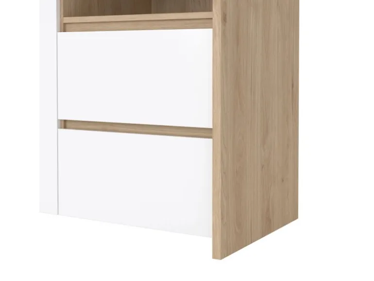 ebuy24 Next Vitrinenschrank 3 Türen 2 Schubladen 1 Ablage Eichen-Dekor Weiß Hochglanz