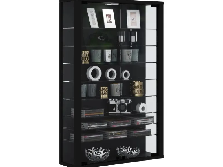 ebuy24 Vitrosa Mini Vitrinenschrank Wandhängend mit 2 Glastüren 8 Glasböden Schwarz