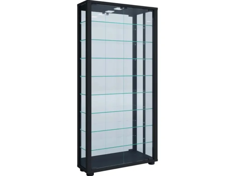 ebuy24 VitrosaMaxi Vitrinenschrank Wandhängend mit Spiegel 2 Glastüren Inkl LED-Leuchten Schwarz