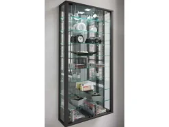 ebuy24 VitrosaMaxi Vitrinenschrank Wandhängend mit Spiegel 2 Glastüren Inkl LED-Leuchten Schwarz