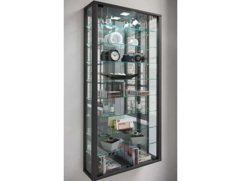 ebuy24 VitrosaMaxi Vitrinenschrank Wandhängend mit Spiegel 2 Glastüren Inkl LED-Leuchten Schwarz