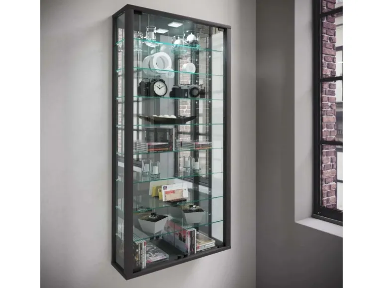 ebuy24 VitrosaMaxi Vitrinenschrank Wandhängend mit Spiegel 2 Glastüren Inkl LED-Leuchten Schwarz