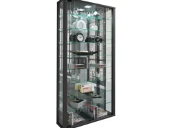 ebuy24 VitrosaMaxi Vitrinenschrank Wandhängend mit Spiegel 2 Glastüren Inkl LED-Leuchten Schwarz