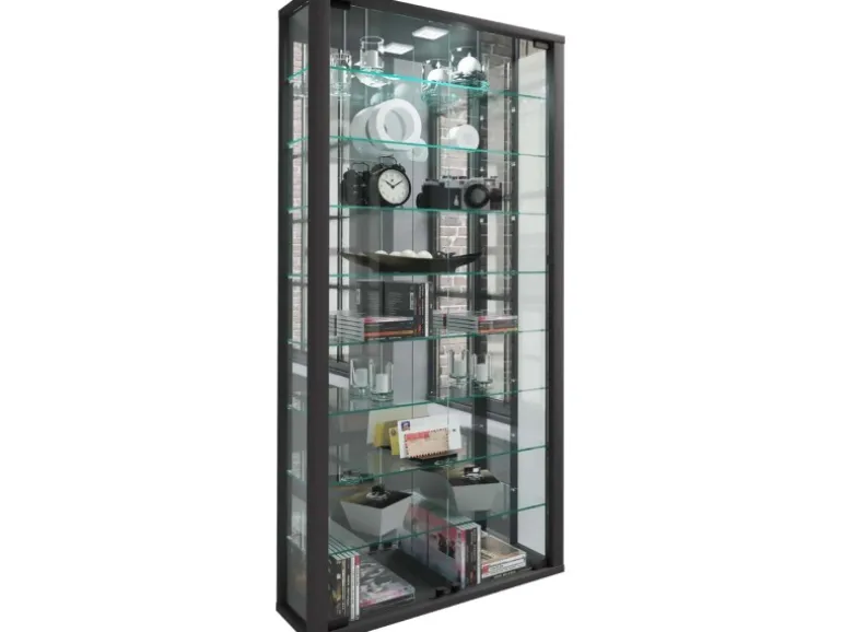 ebuy24 VitrosaMaxi Vitrinenschrank Wandhängend mit Spiegel 2 Glastüren Inkl LED-Leuchten Schwarz