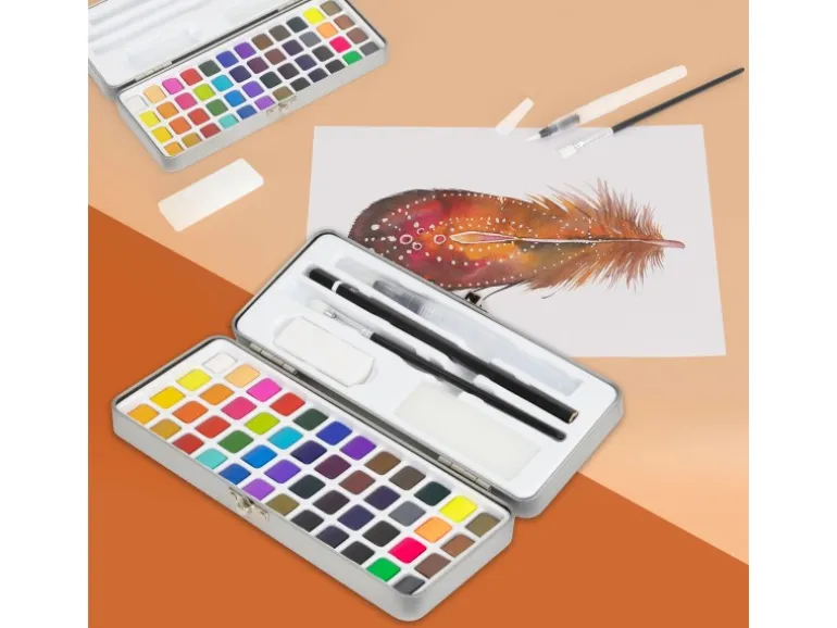 ECD Germany Aquarellfarben Set 48 Farben in Tragbarer Box inkl Pinsel