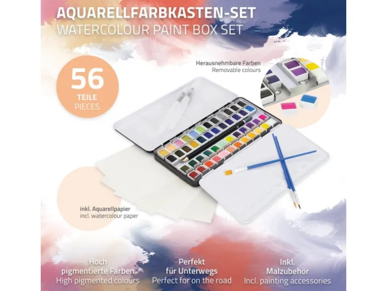 ECD Germany Aquarellfarben Set 48 Farben in Tragbarer Box Vollaquarell Palette