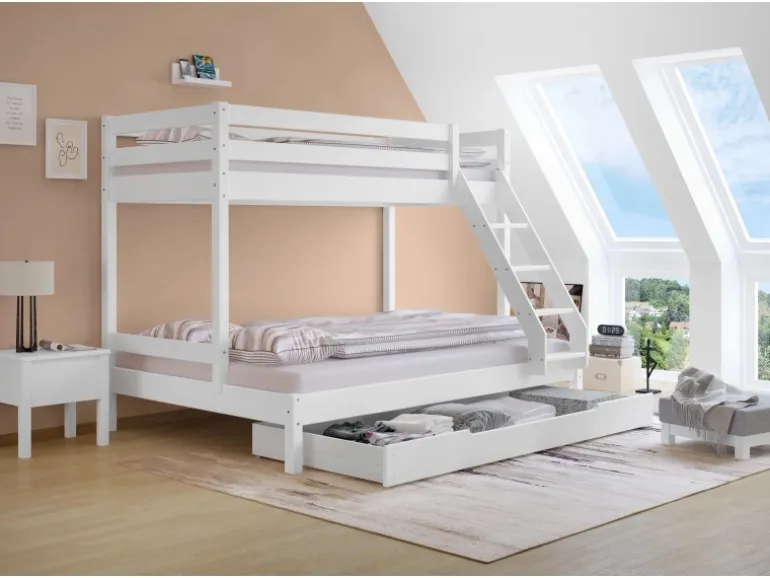 Erst-Holz Doppel-Etagenbett 90 x 200 cm und 140 x 200 cm Erwachsene Kiefer Weiß Modell 18 ohne Zubehör