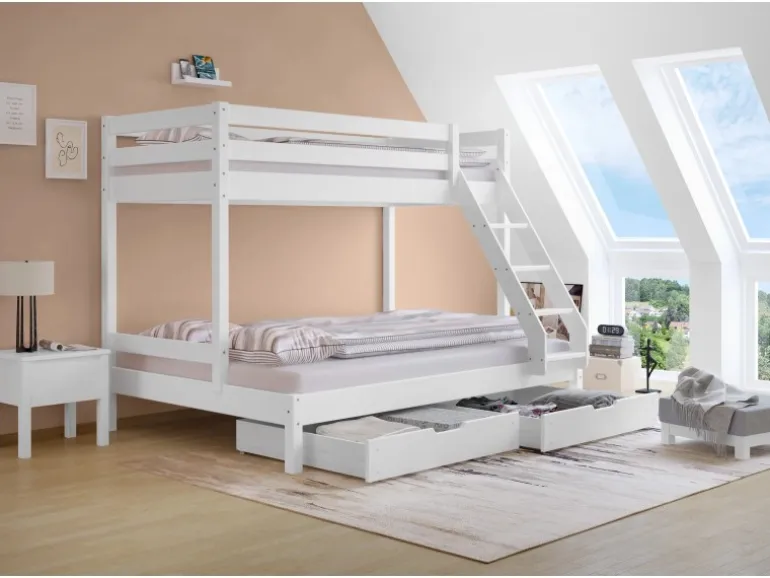 Erst-Holz Doppel-Etagenbett 90 x 200 cm und 140 x 200 cm Erwachsene Kiefer Weiß Modell 18 ohne Zubehör