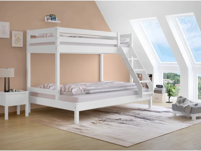 Erst-Holz Doppel-Etagenbett 90 x 200 cm und 140 x 200 cm Erwachsene Kiefer Weiß Modell 18 Rollrost inkl.