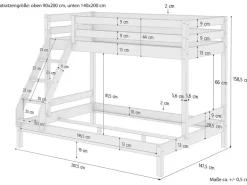 Erst-Holz Doppel-Etagenbett 90 x 200 cm und 140 x 200 cm Erwachsene Kiefer Weiß Modell 18 Rollrost inkl.