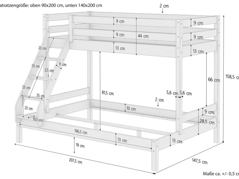 Erst-Holz Doppel-Etagenbett 90 x 200 cm und 140 x 200 cm Erwachsene Kiefer Weiß Modell 18 Rollrost inkl.