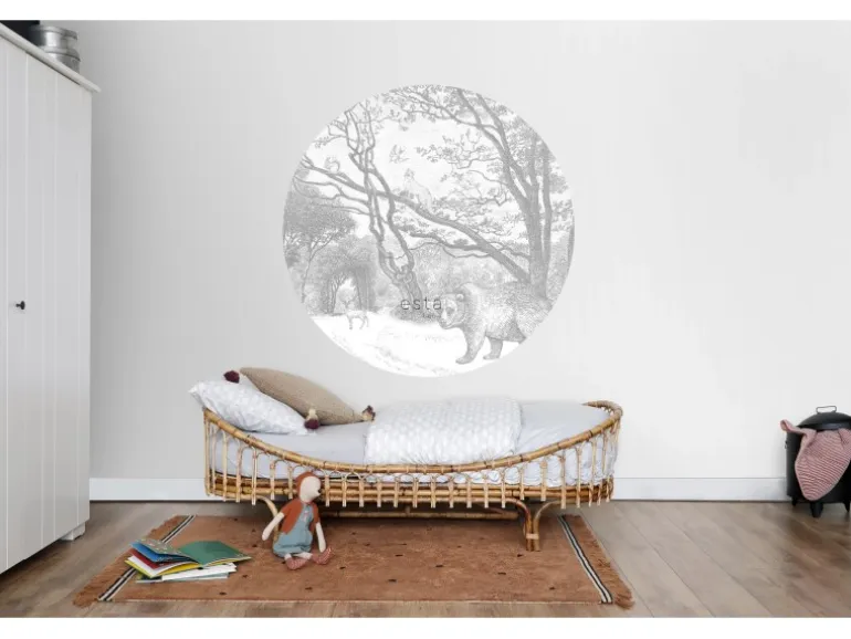 ESTAhome Selbstklebende Runde Tapete Wald Mit Waldtieren Grau Ø 140 cm 159083