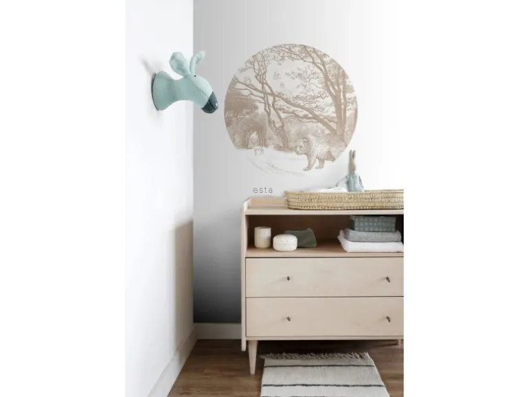 ESTAhome Selbstklebende Runde Tapete Wald Mit Waldtieren Beige Ø 70 cm 159072